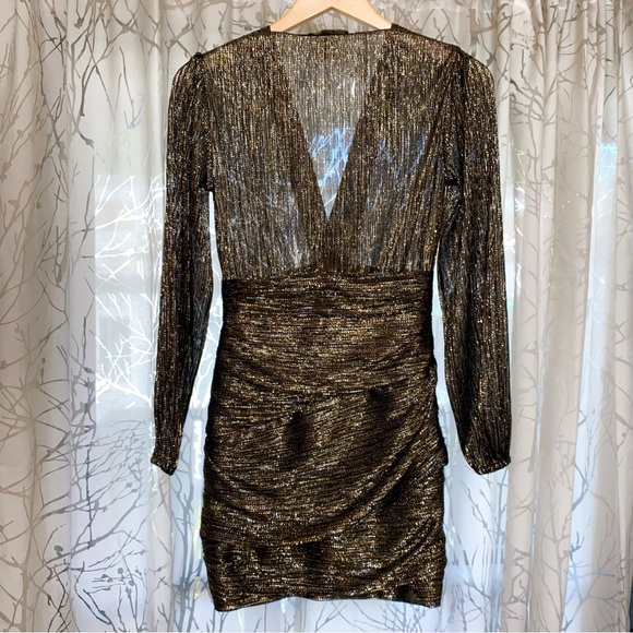MAJE RUNNY BLACK GOLD SILVER METALLIC V-NECK LONG SLEEVE DRAPE MINI DRESS - Picture 7 of 12